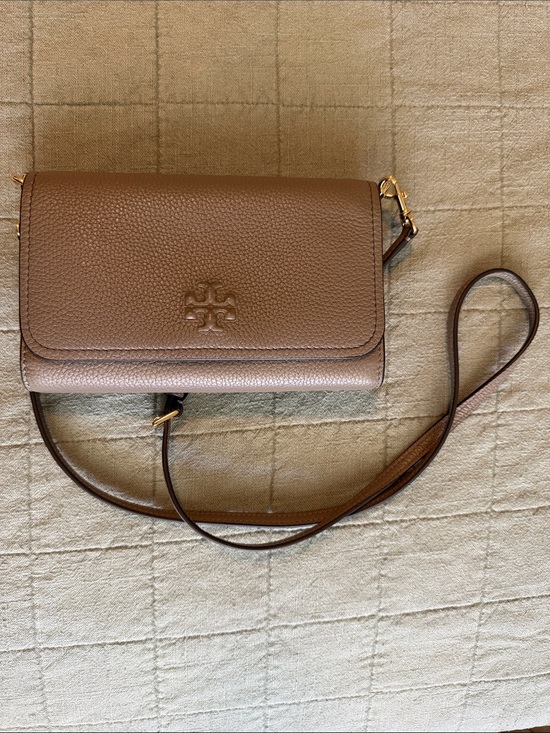 Tory Burch Handbags - Tory Burch Pebbled Taupe Leather Crossbody with Logo Flap